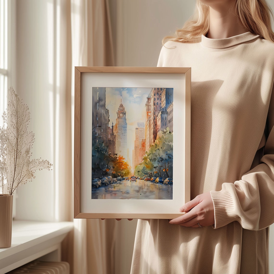 Houston Texas Watercolor Poster Downtown Street Clock Tower Glow - Image 2