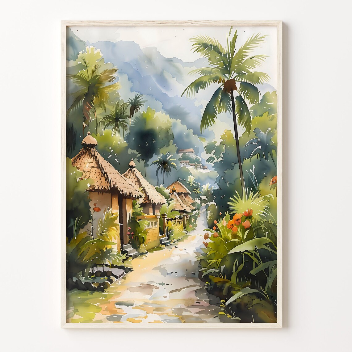Bali Tropical Village Thatched Huts Palm Jungle Watercolor Poster