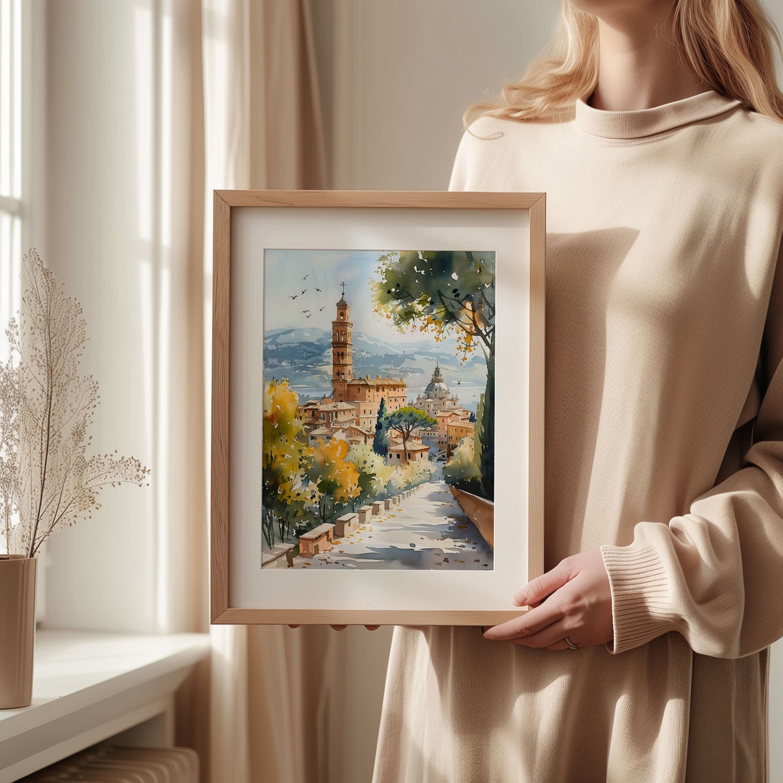 Rome Old Town Bell Tower Dome Golden Light Watercolor Poster - Image 2