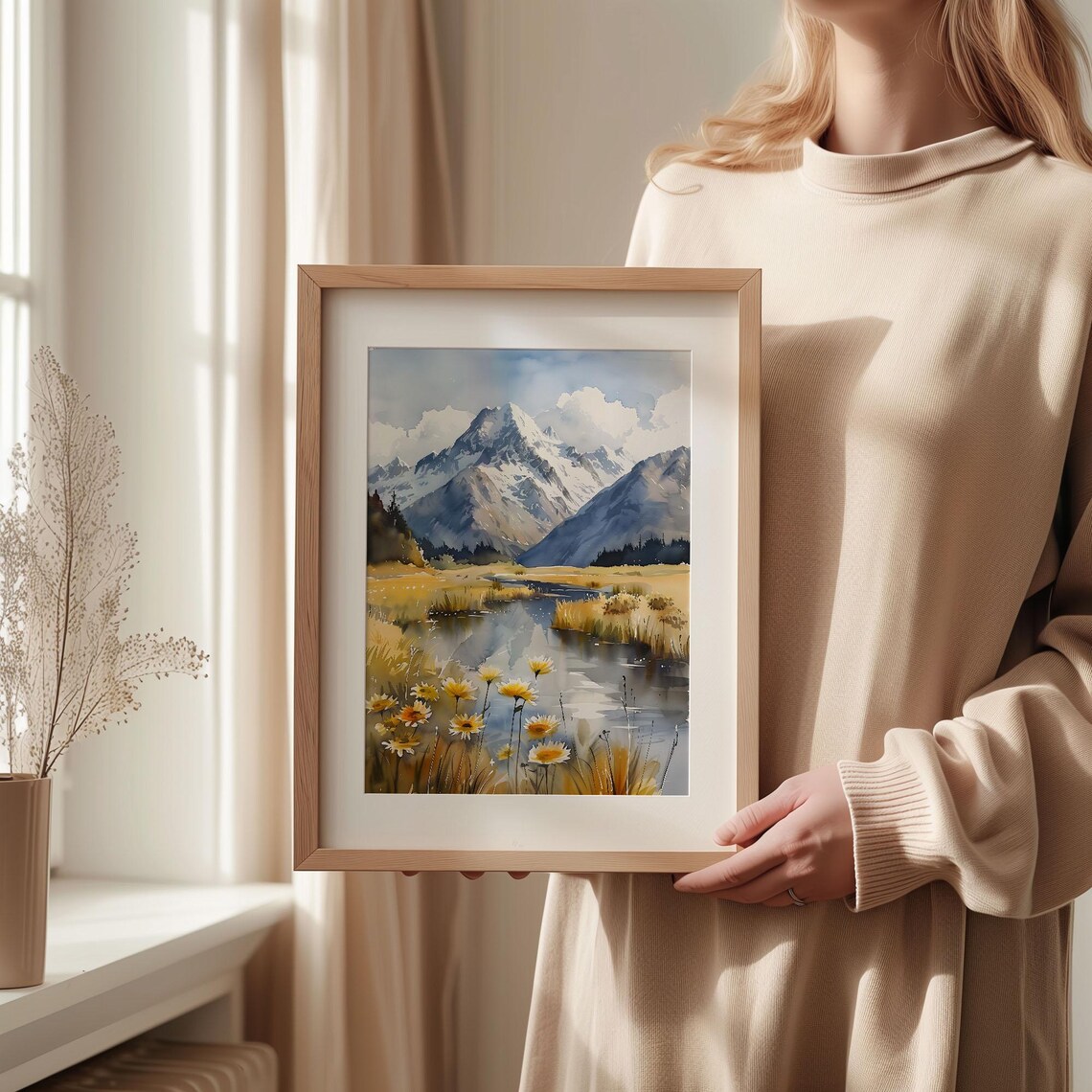Mount Cook New Zealand Snow Peak Lake Daisies Watercolor Poster - Image 2
