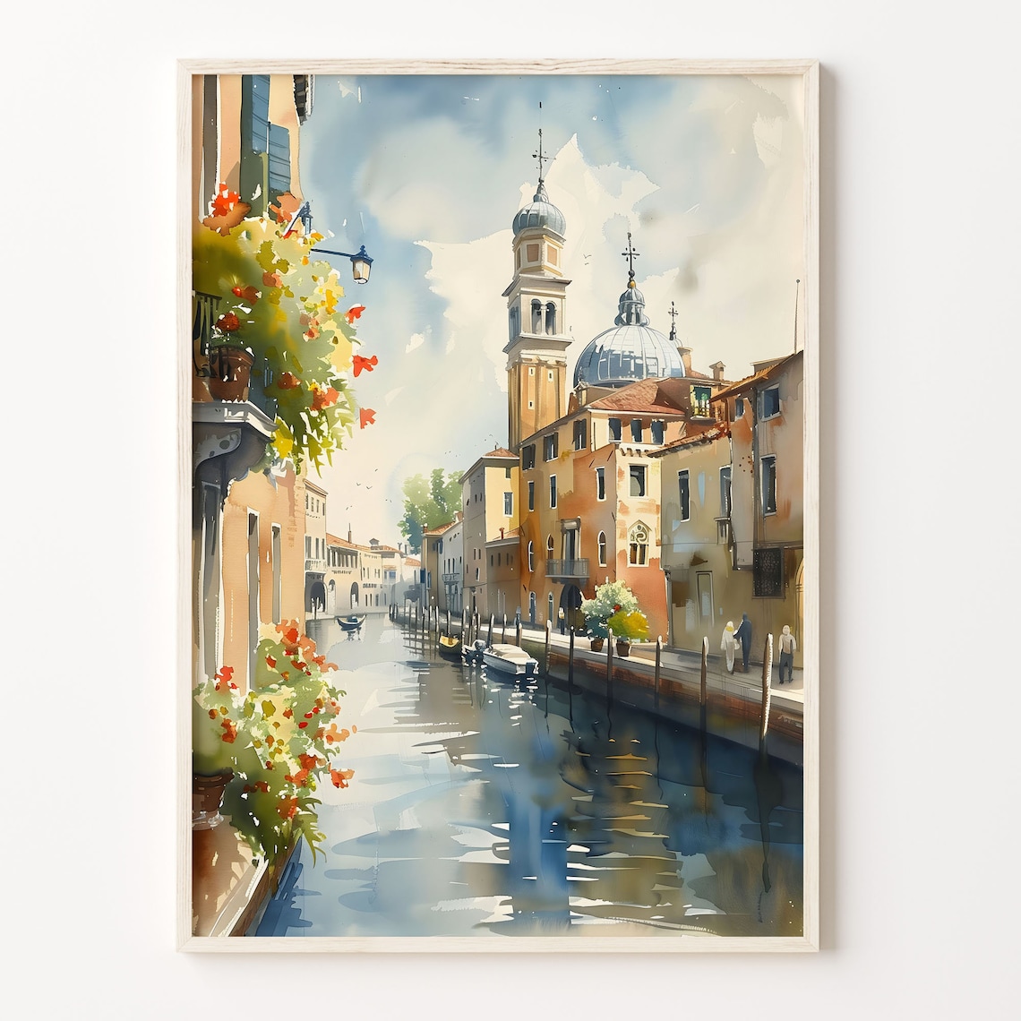 Venice Sunny Canal Bell Tower Gondola Boats Watercolor Poster