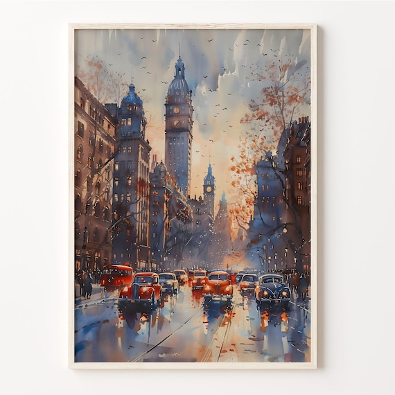 Manchester England Rainy City Street Vintage Cars Clock Tower Watercolor Poster