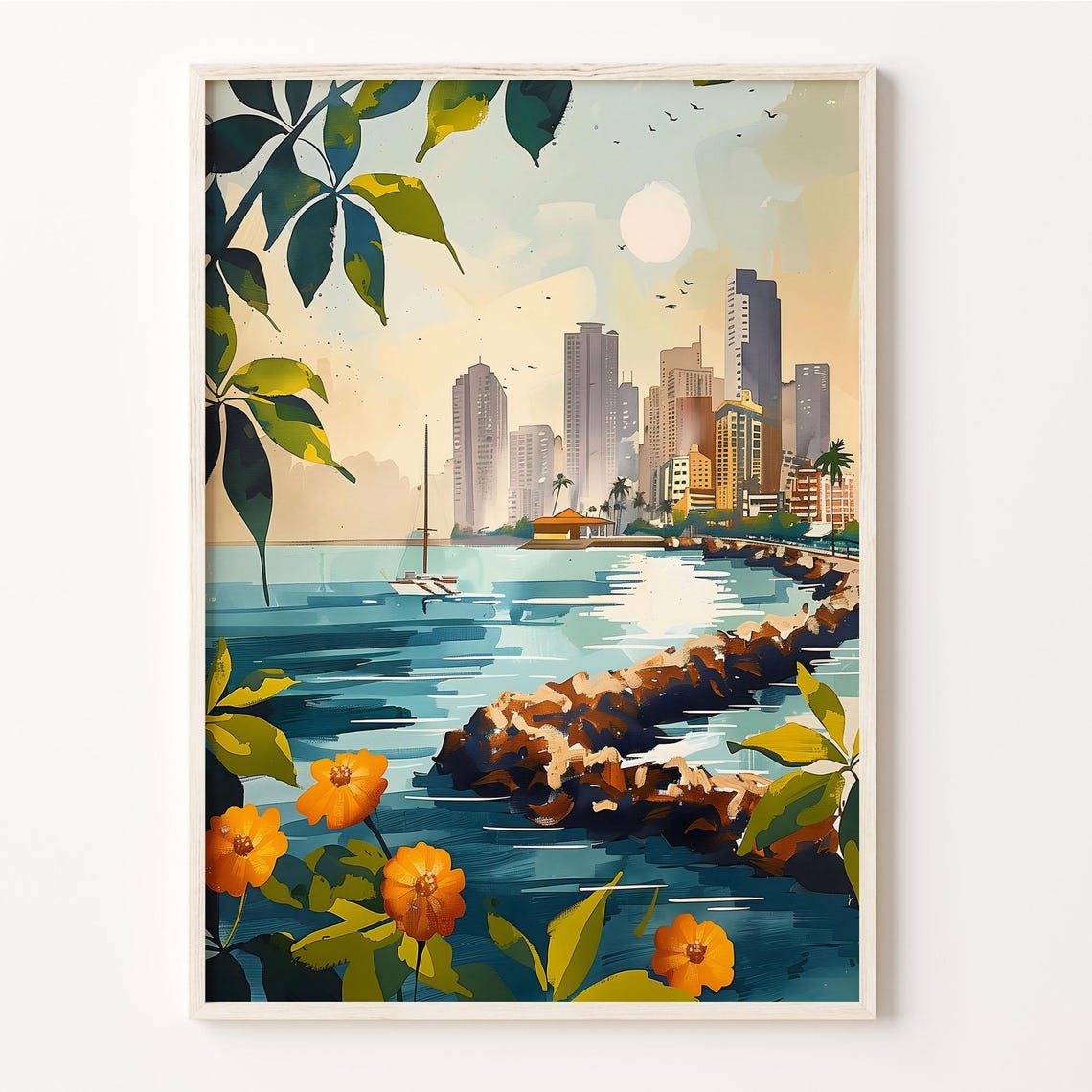 Manila Philippines Bay Skyline Sunset Bloom Watercolor Poster