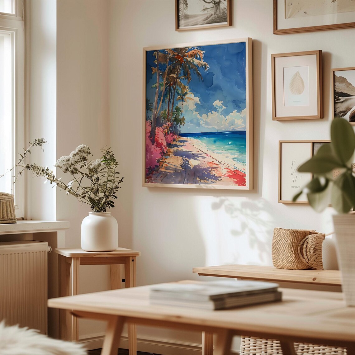 Grand Cayman Caribbean Palm Beach Pink Bougainvillea Watercolor Poster - Image 3