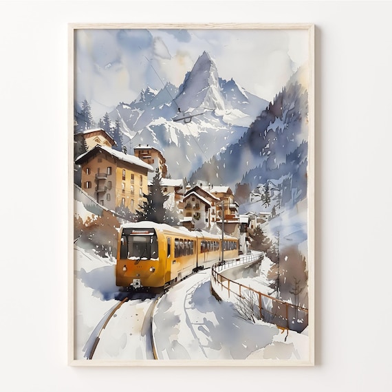 Swiss Alps Watercolor Painting, Matterhorn Travel Poster
