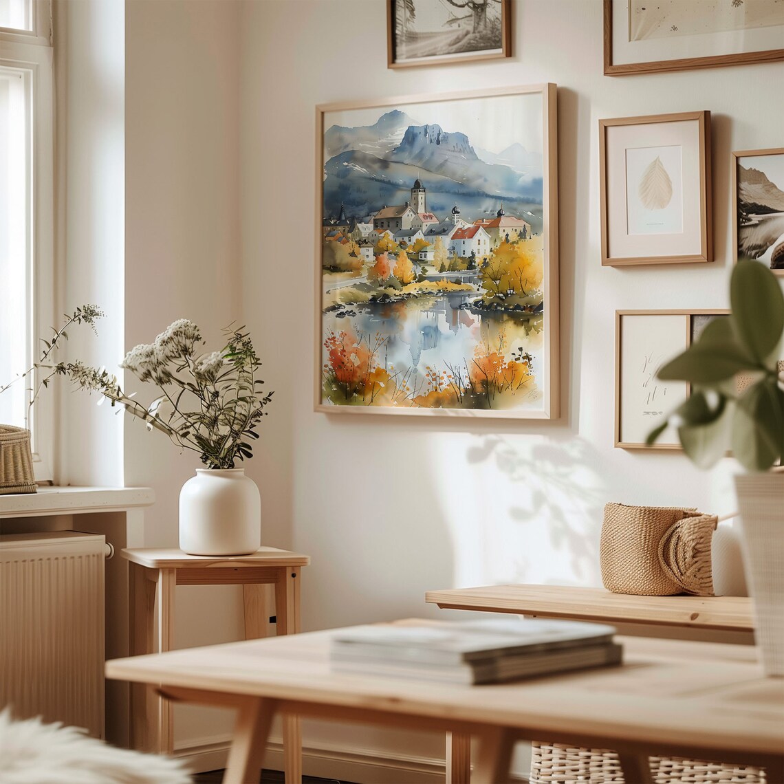 Iceland Lakeside Village Autumn Mountains Reflection Watercolor Poster - Image 3