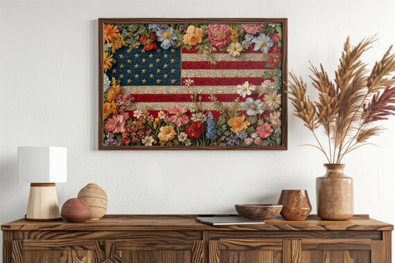 American Flag Made of Blooming Flowers Patriotic Floral Farmhouse Poster