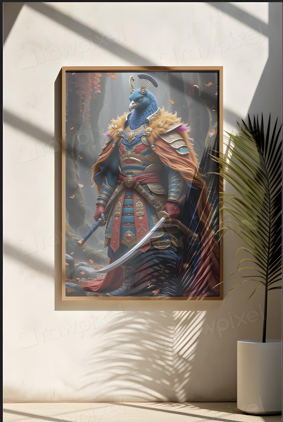 Armored Peacock Warrior with Drawn Sword in an Autumn Forest Poster - Image 4
