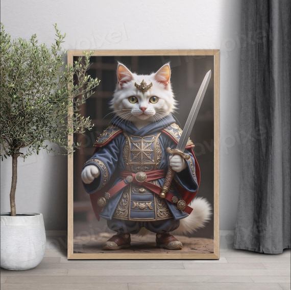 Brave White Cat Samurai Warrior in Blue Armor with Sword Poster
