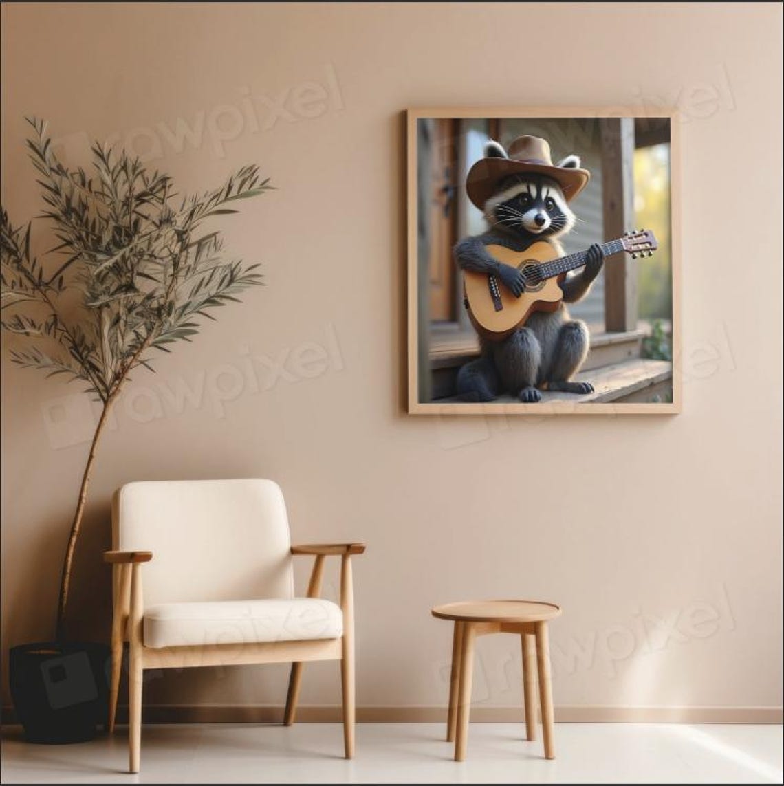 Cheerful Cowboy Raccoon Playing Guitar on a Sunny Porch Poster - Image 4