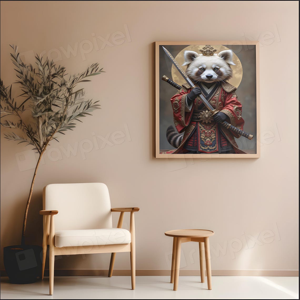 Crowned Red Panda Samurai in Red Armor Holding Katana Poster - Image 2