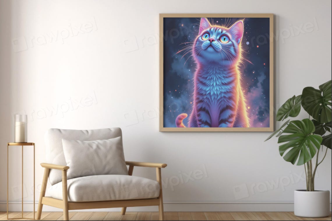 Glowing Neon Blue Kitten Gazing at a Starry Night Sky Poster - Image 4