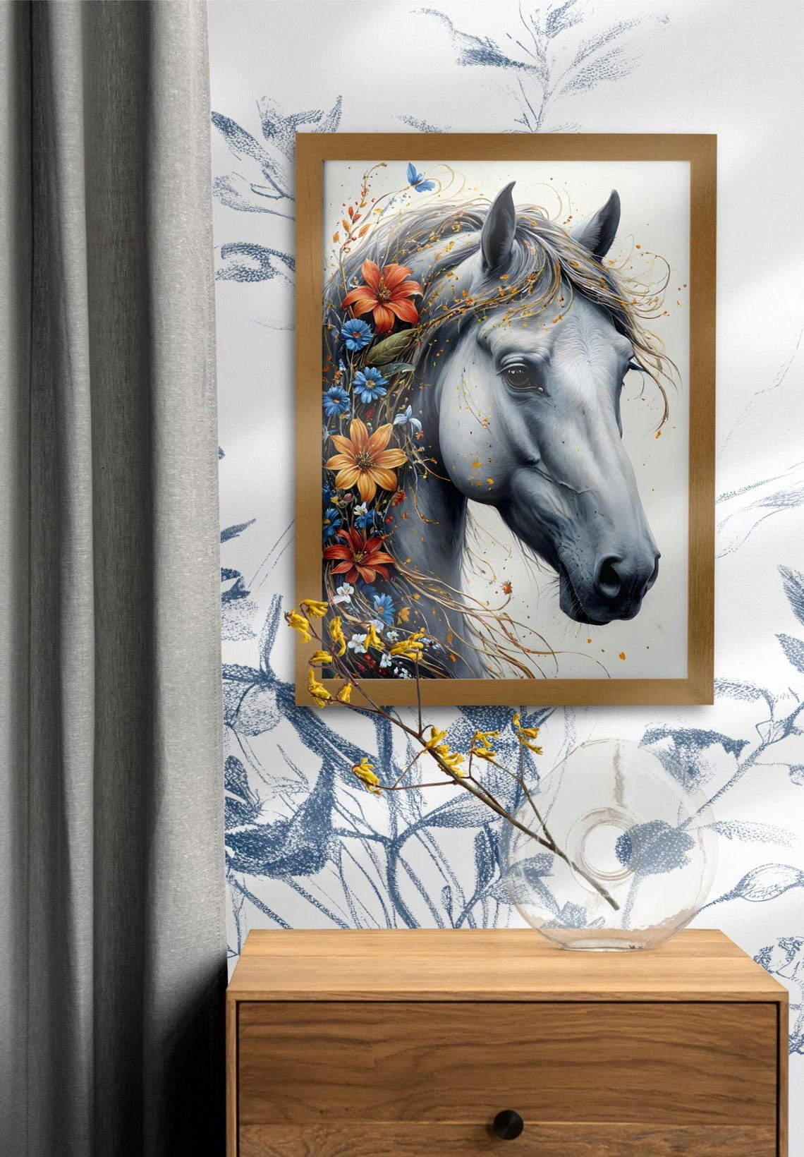 Graceful White Horse Profile with Colorful Flowers in Mane Poster