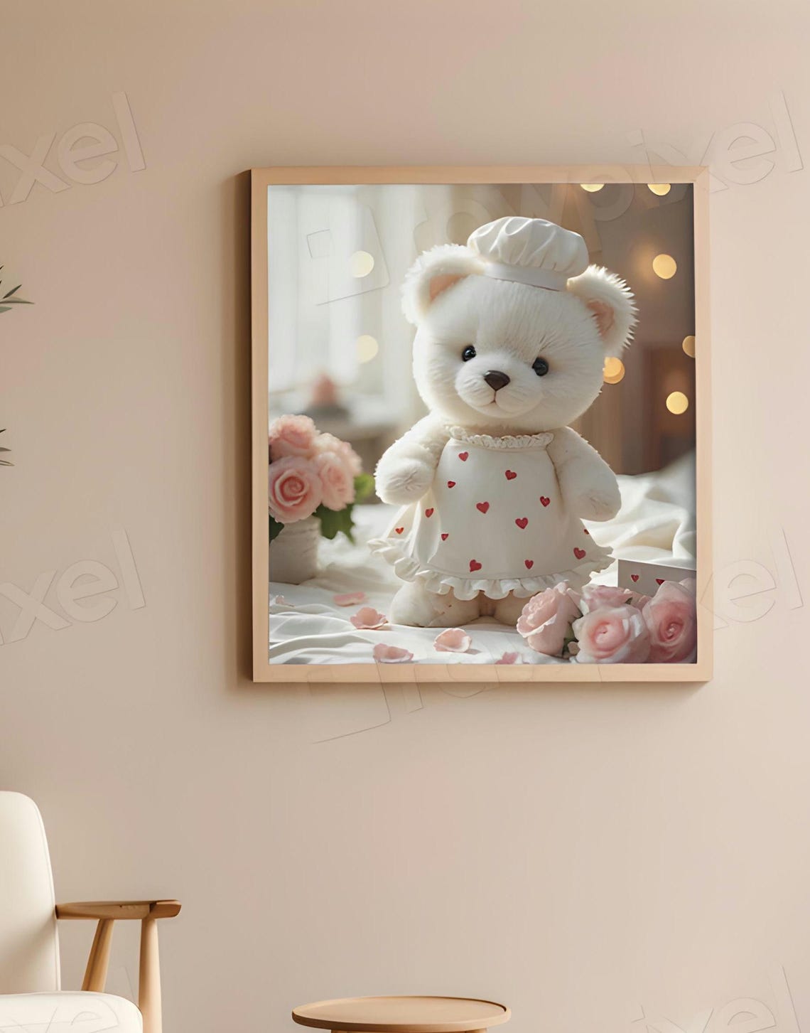Adorable Teddy Bear Chef with Heart Apron and Pink Roses Poster