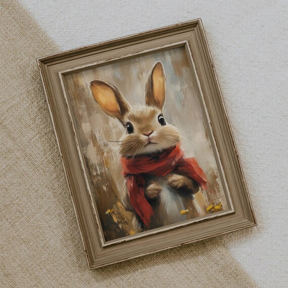 Adorable Bunny Wearing a Cozy Red Scarf Oil Painting Art Poster