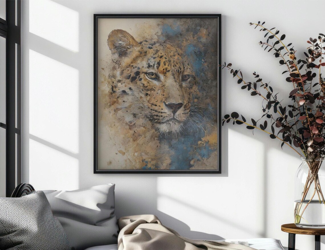 Watercolor Cheetah Portrait Golden Blue Abstract Big Cat Wall Art