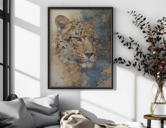 Watercolor Cheetah Portrait Golden Blue Abstract Big Cat Wall Art