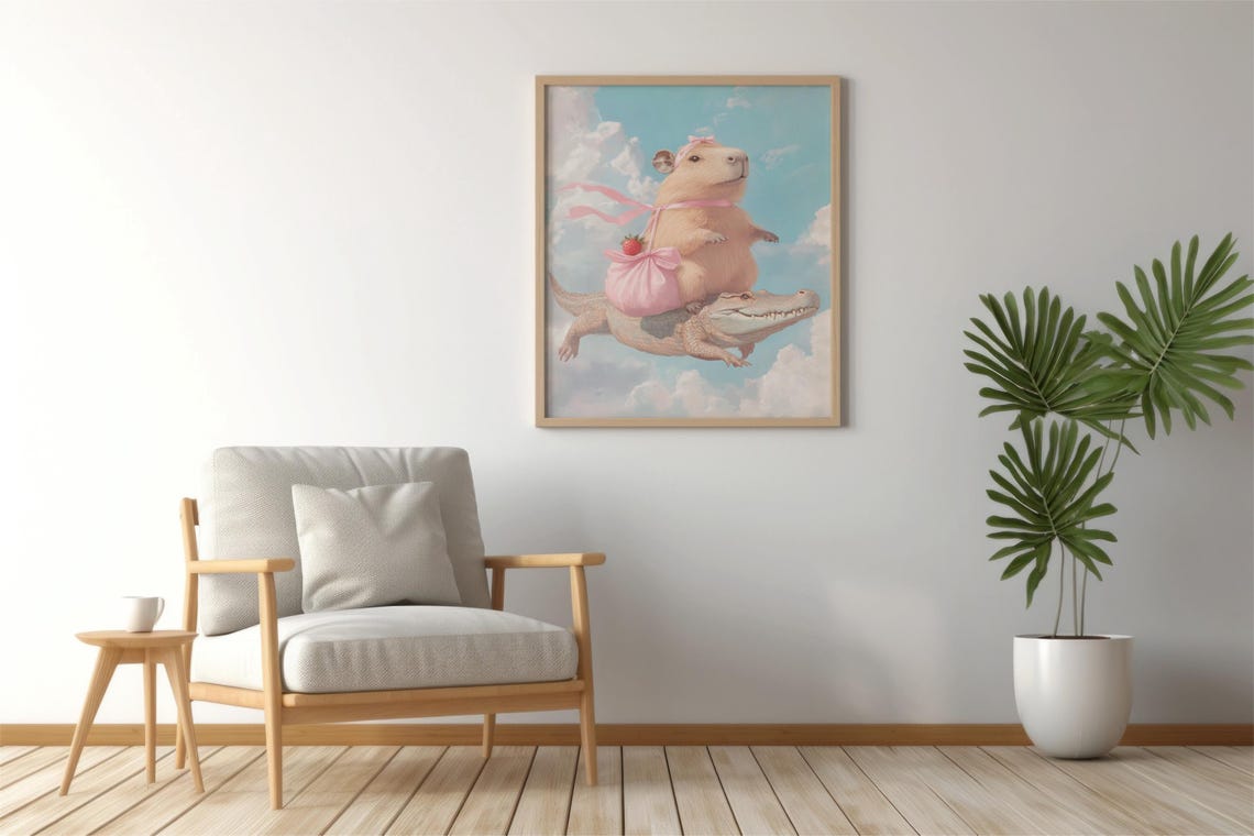 Cute Capybara Riding Gator, Funny Animal Art Print - Image 2
