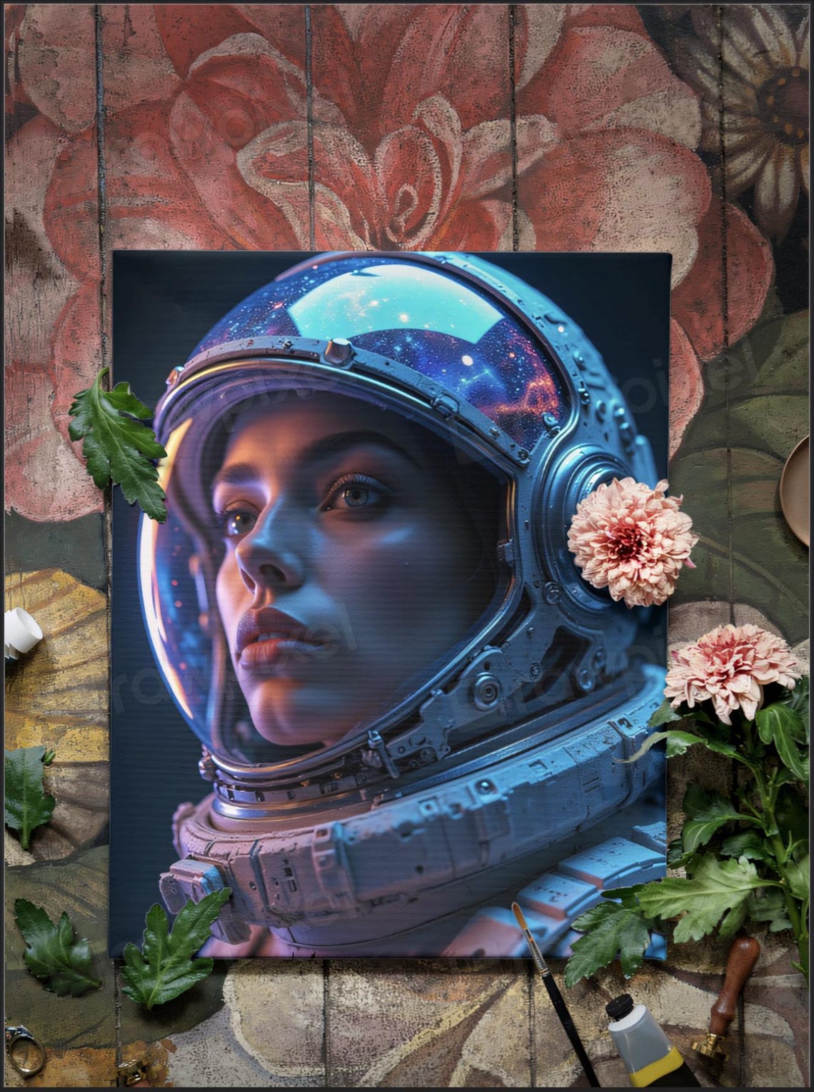 Female Astronaut in Helmet with Galaxy Reflection Portrait Poster - Image 5