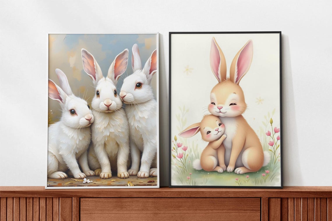 Three White Rabbits Vintage Oil Painting Style Portrait Poster - Image 2