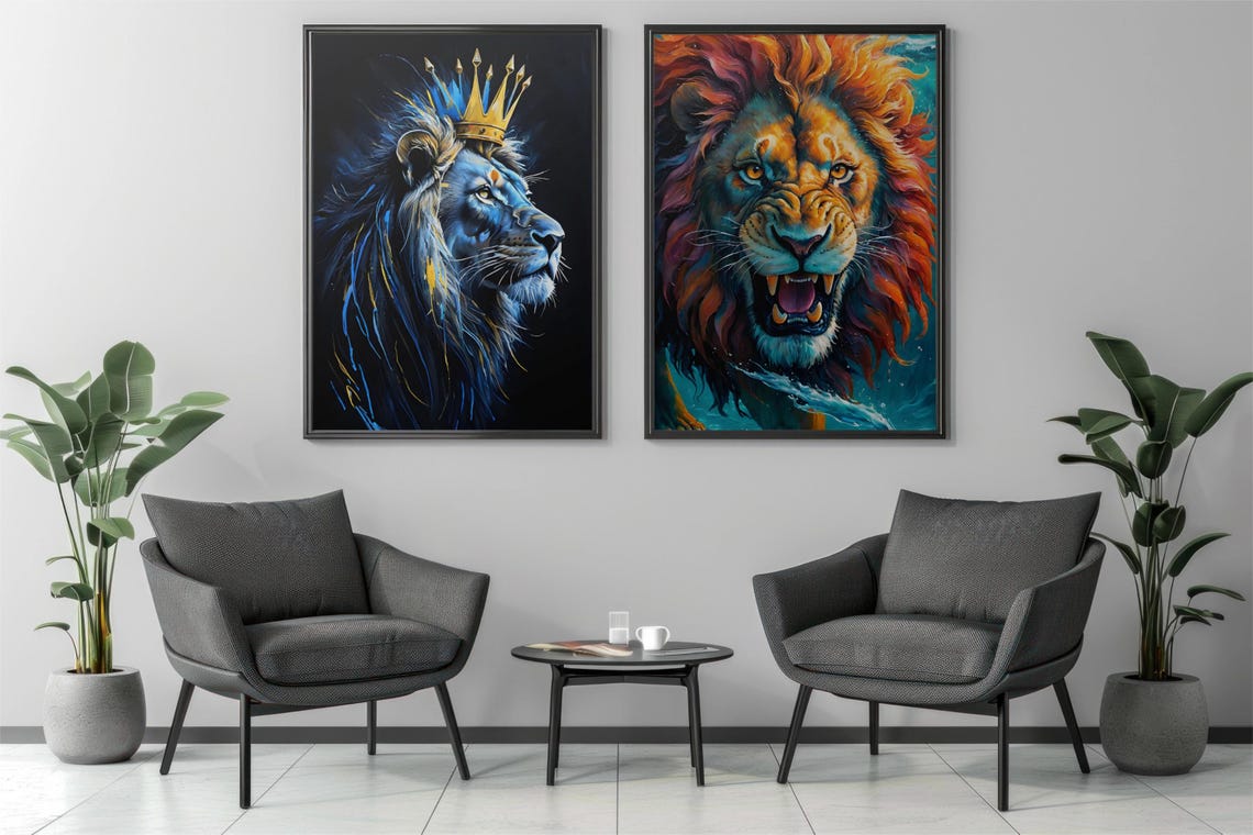 Roaring Lion with Fiery Colorful Mane Close-Up Portrait Poster - Image 2