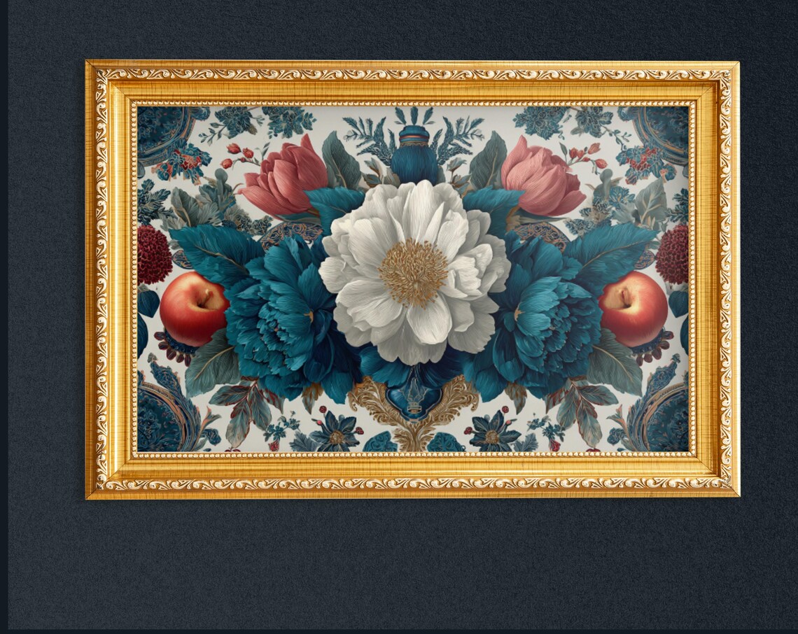 Teal White Peony Floral Vintage Gold Frame Botanical Wall Poster