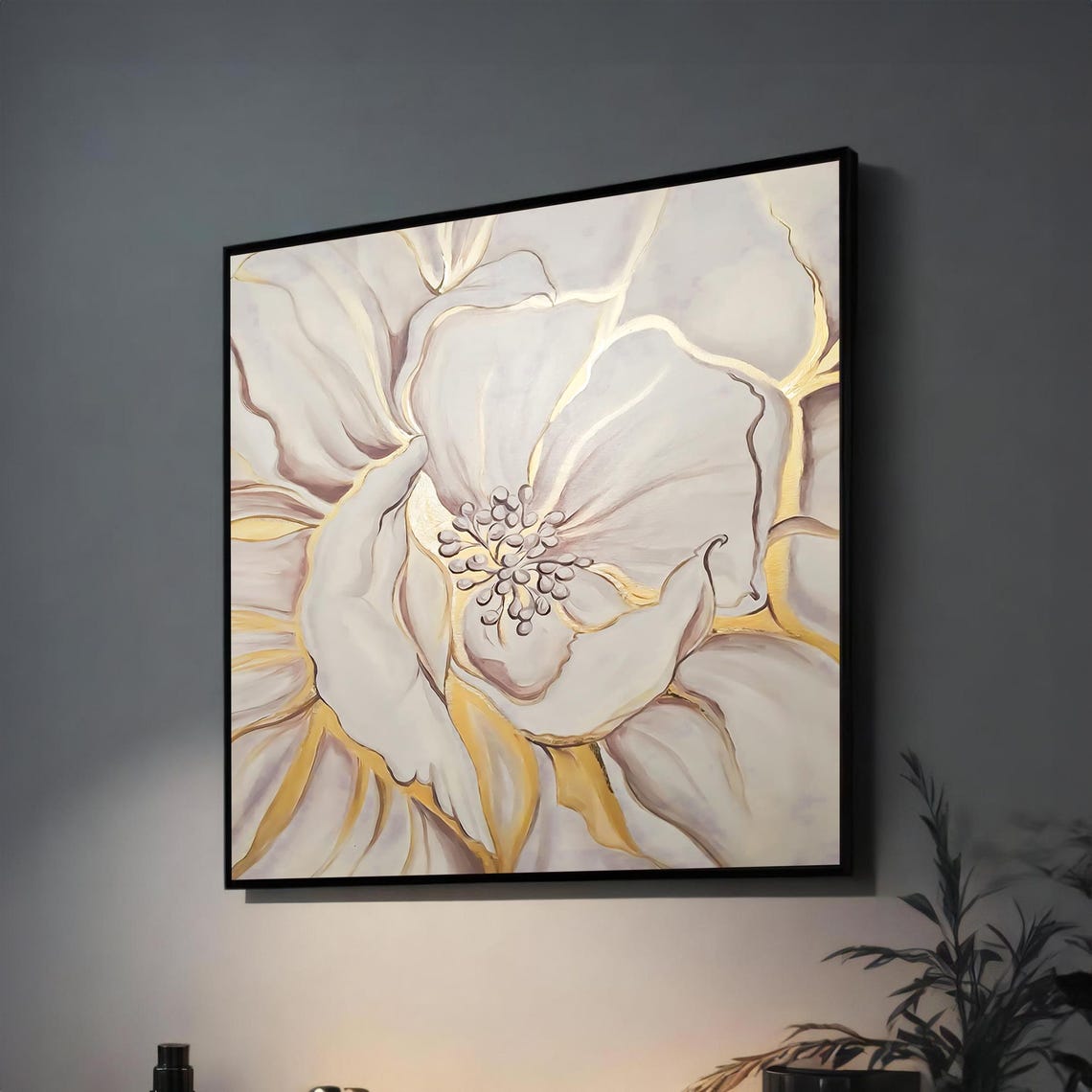White Flower With Elegant Gold Accents Minimalist Floral Art Poster