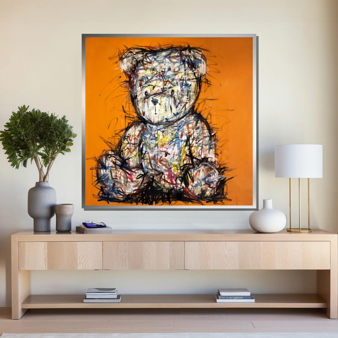 Sketchy Scribble Teddy Bear on a Bold Bright Orange Background Poster - Image 4