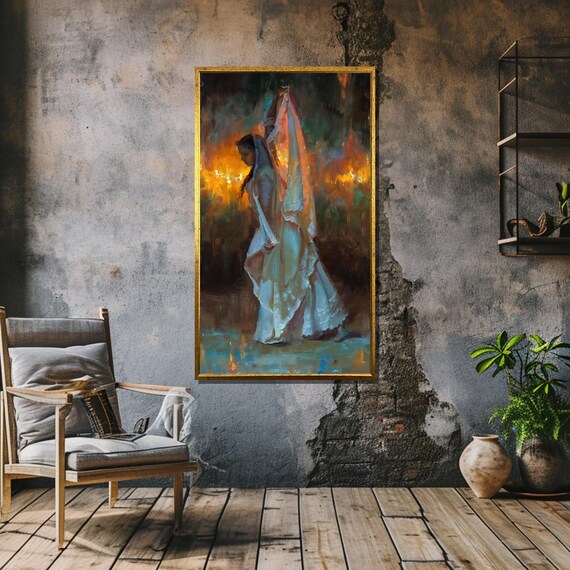 Woman in Flowing White Veil Dancing Before Firelight Oil Art Poster