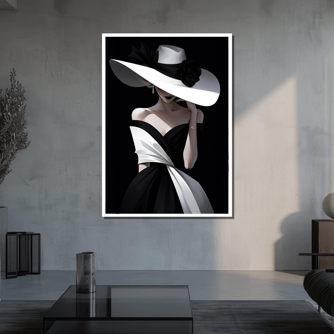 Chic Black And White Lady In Elegant Wide Brim Hat Fashion Poster - Image 3