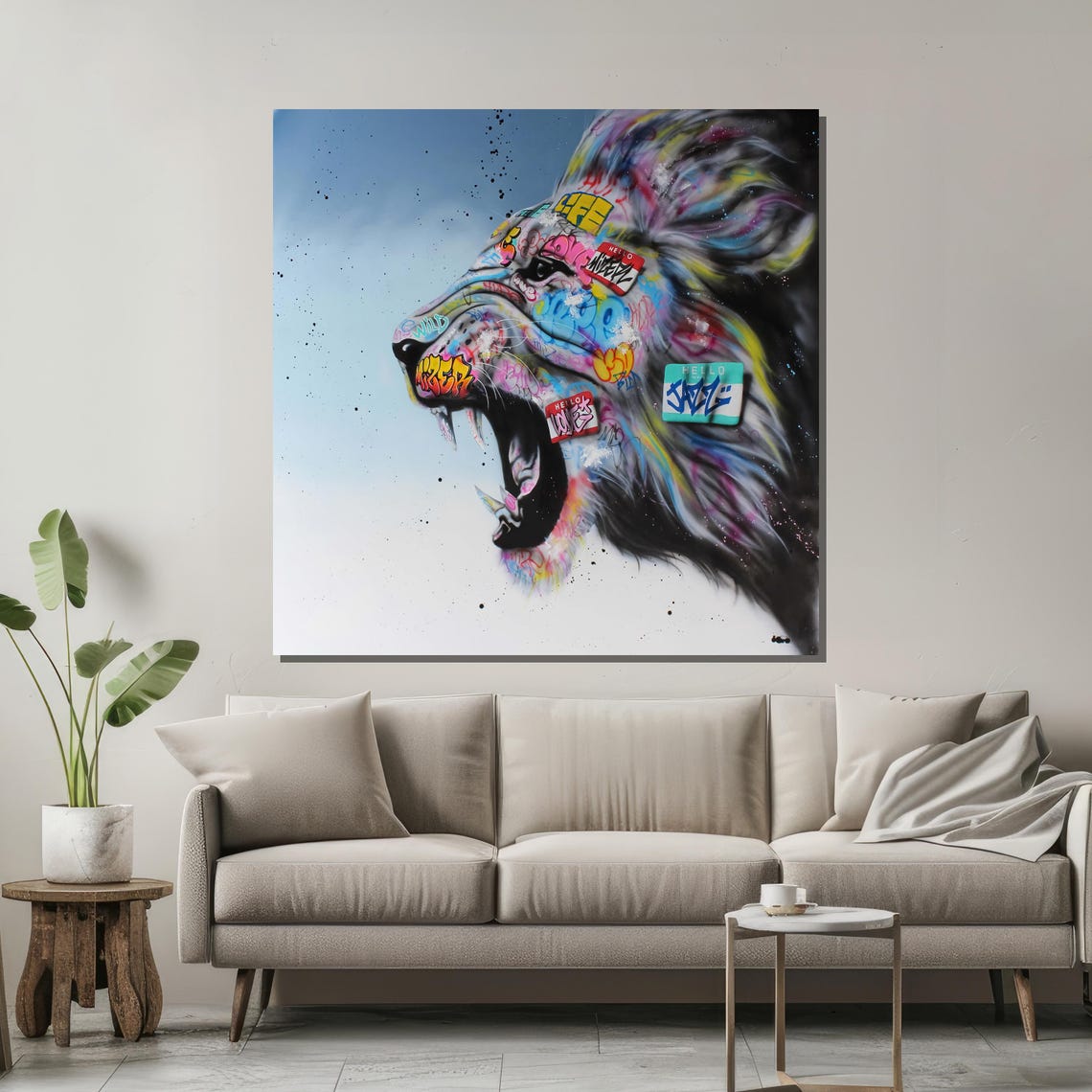 Roaring Lion Head Covered in Graffiti Tags Urban Street Art Poster - Image 2