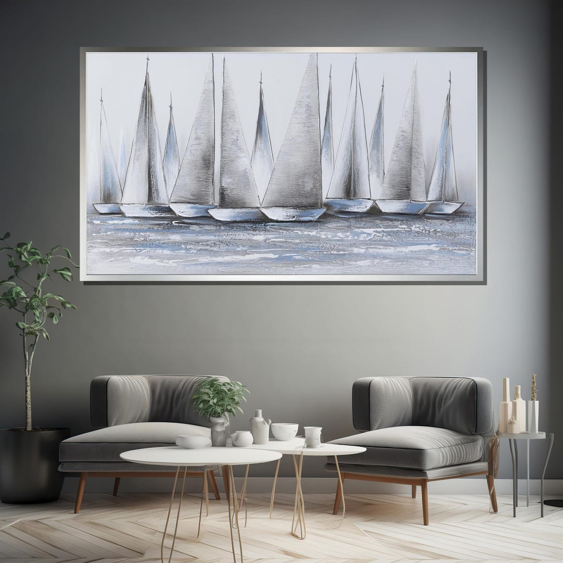 Classic White Sailboats Gliding On Calm Grey Blue Waters Poster - Image 4