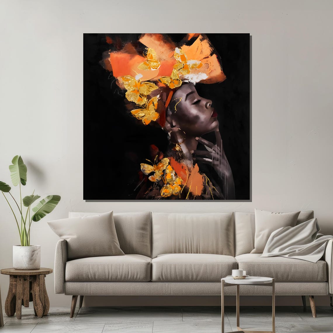 African Woman with Golden Butterflies Abstract Poster for Wall Decor - Image 2