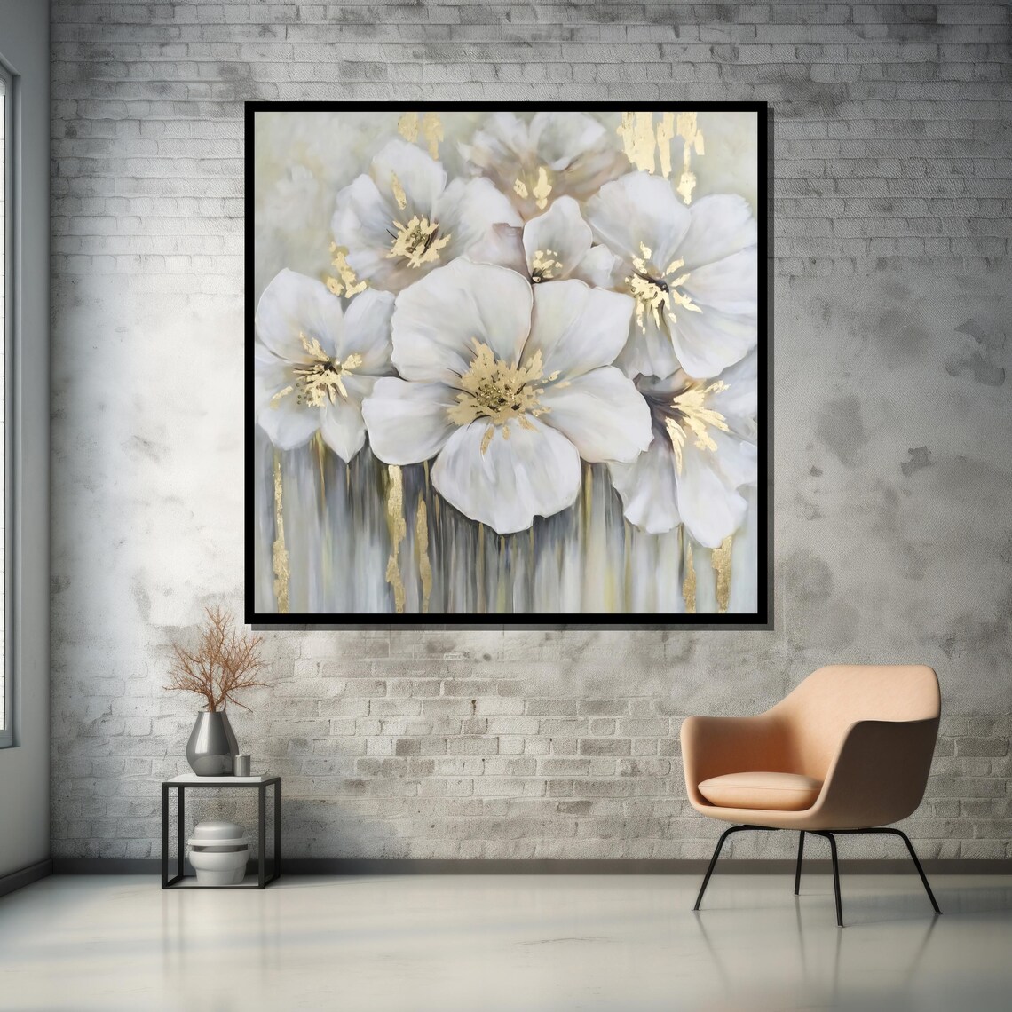 Elegant White Floral Painting With Gold Accents Modern Flower Wall Art For Living Room Luxury Nature Inspired Home Decor - Image 5