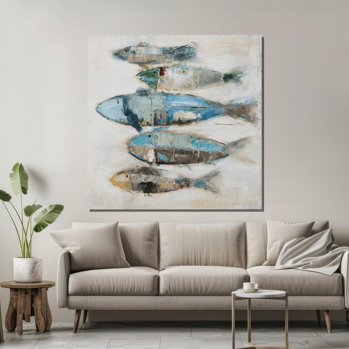 Abstract Fish Wall Art Coastal Blue And Beige Painting Modern Ocean Inspired Decor For Living Room Or Office Ready To Hang - Image 2