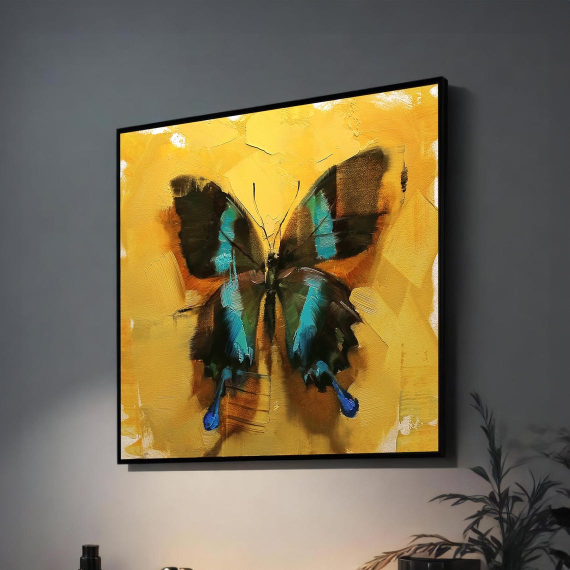 Striking Teal Butterfly on Golden Yellow Abstract Poster for Bedroom