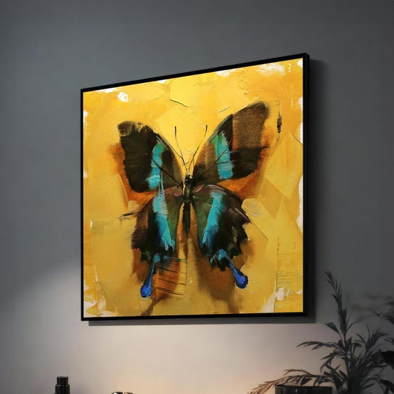 Elegant Butterfly Wall Art Vibrant Yellow And Blue Abstract Painting Ready To Hang Modern Home Decor For Living Room Or Bedroom