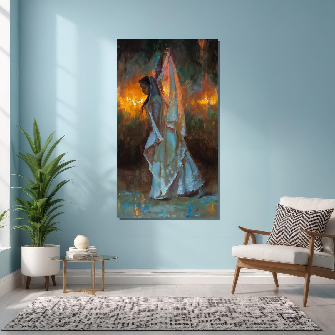 Woman in Flowing White Veil Dancing Before Firelight Oil Art Poster - Image 3