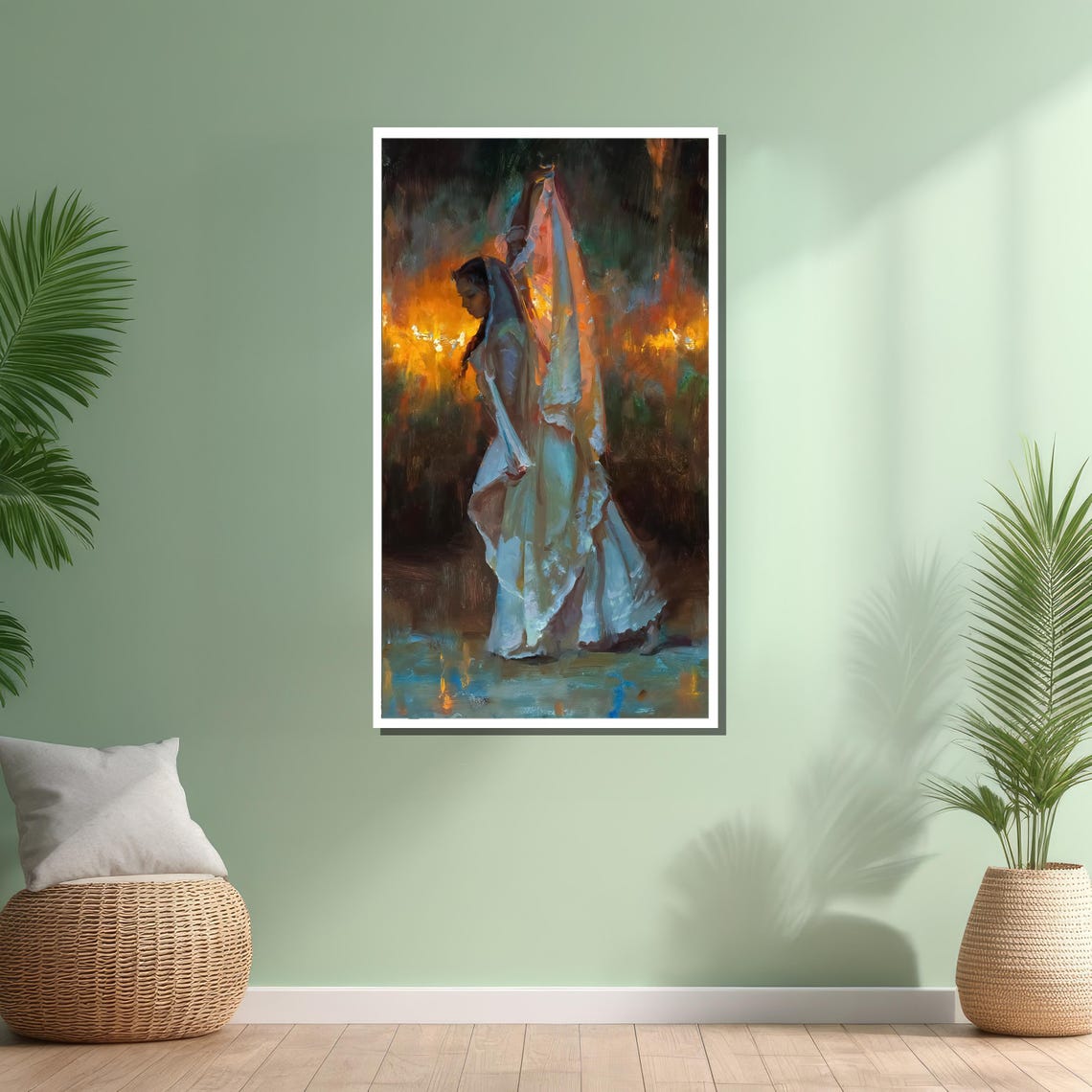 Woman in Flowing White Veil Dancing Before Firelight Oil Art Poster - Image 4