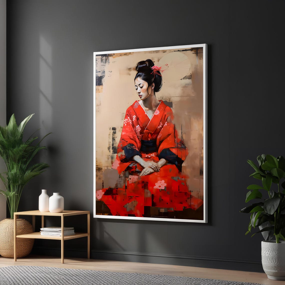 Seated Geisha In Red Kimono Soft Neutral Painterly Portrait Poster