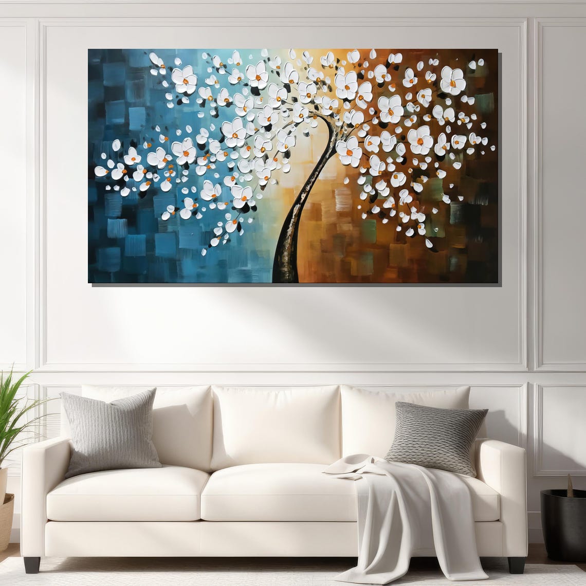 White Blossom Tree On Blue To Amber Gradient Background Poster - Image 2