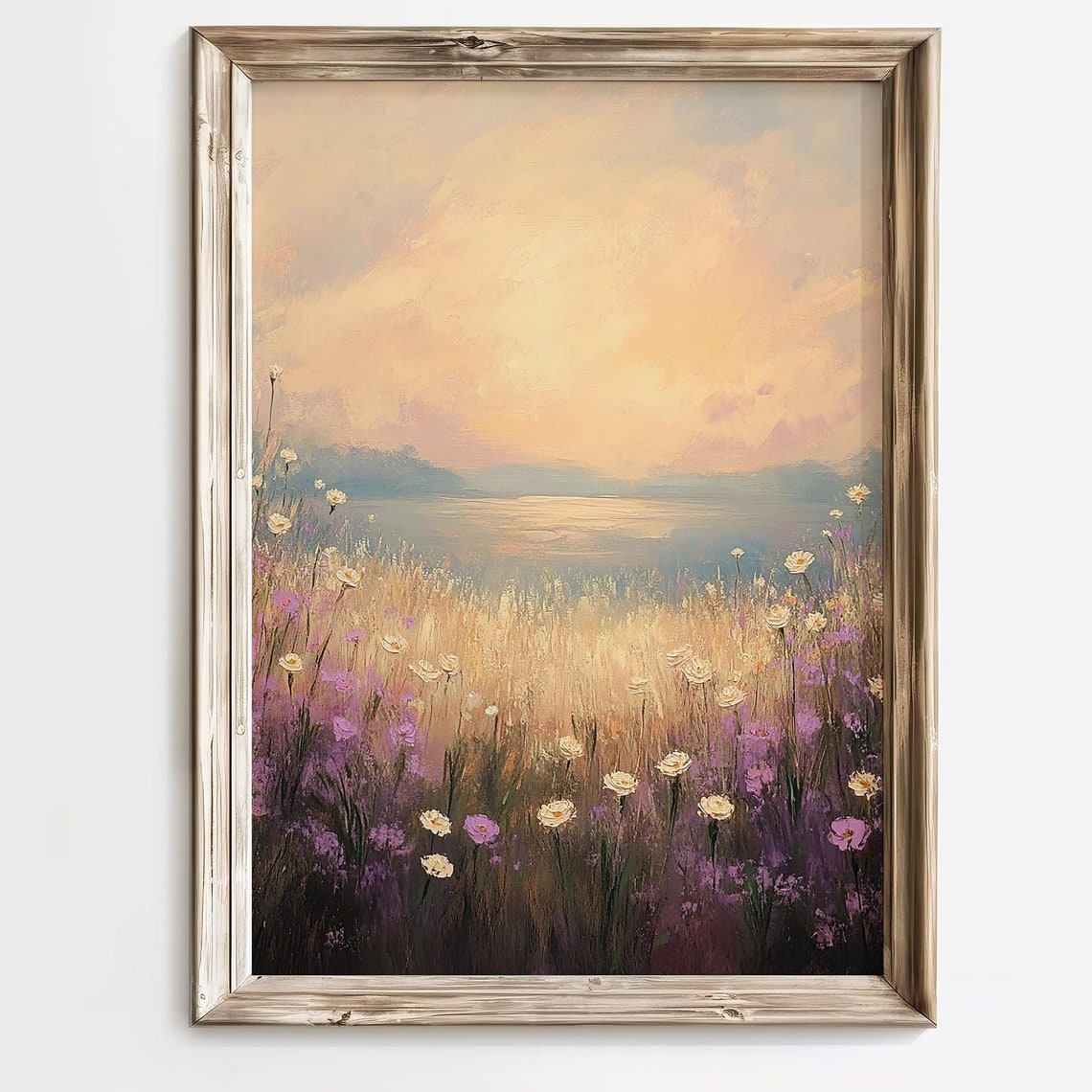 Wildflower Field Landscape Pink Flowers Pink Vintage Oil Painting Country Field Landscape Farmhouse Decor Meadow