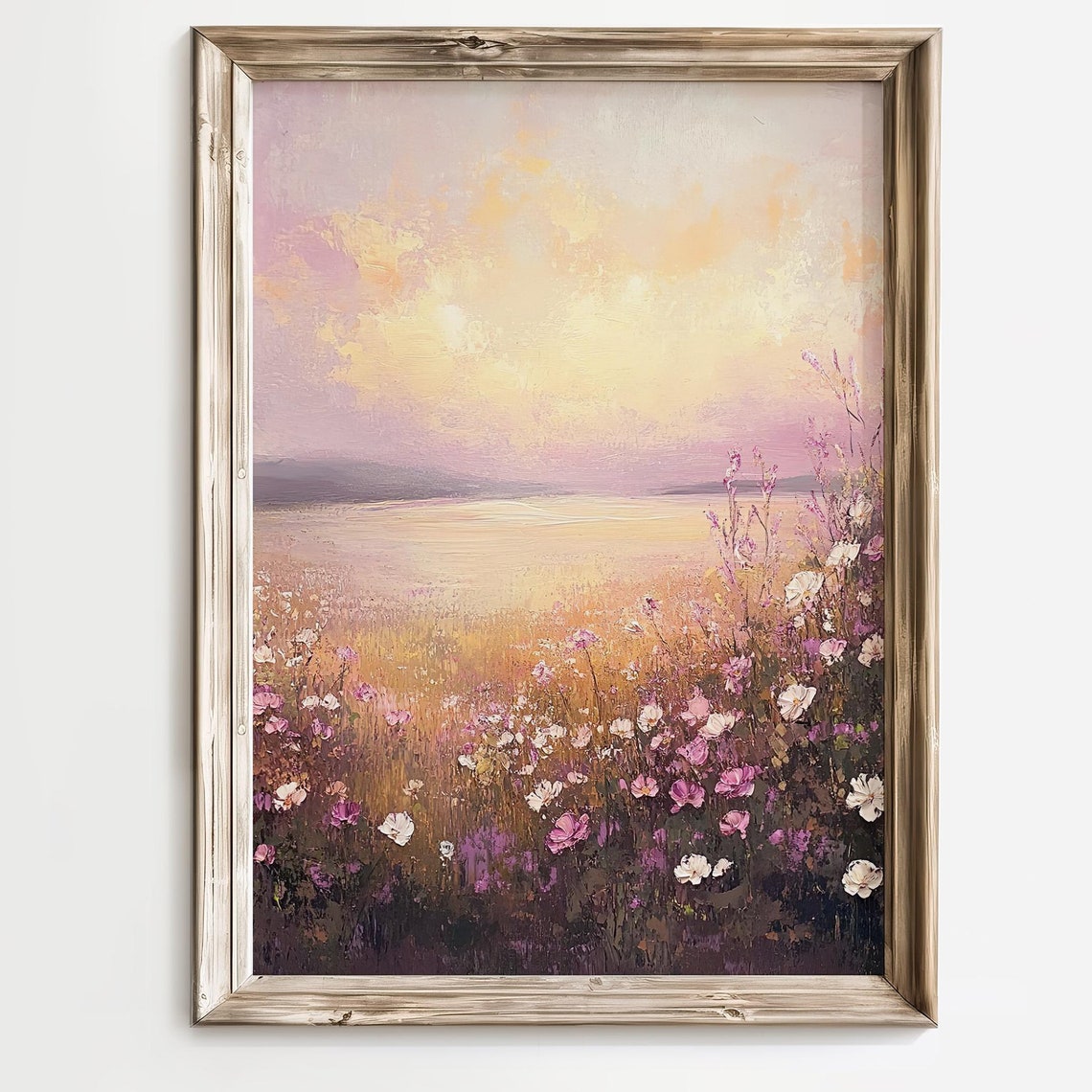 Pink Wildflower Field Sunrise Impressionist Floral Meadow Art Poster