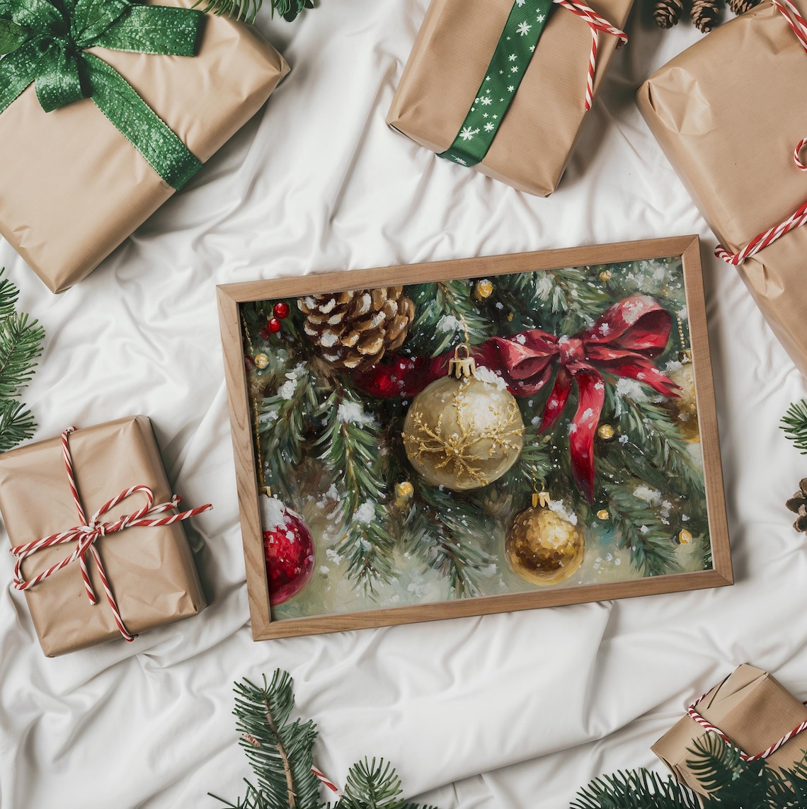 Decorated Christmas Tree Branches Rustic Winter Art Print - Image 3