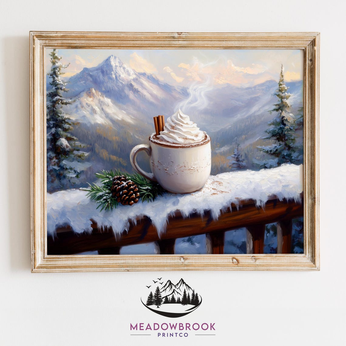 Steaming Cocoa Mug With Snowy Mountain View Winter Cabin Art Poster