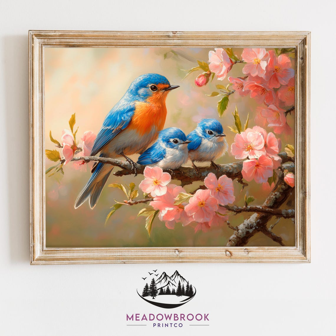 Bluebirds On Pink Cherry Blossoms Spring Romantic Bird Art Poster