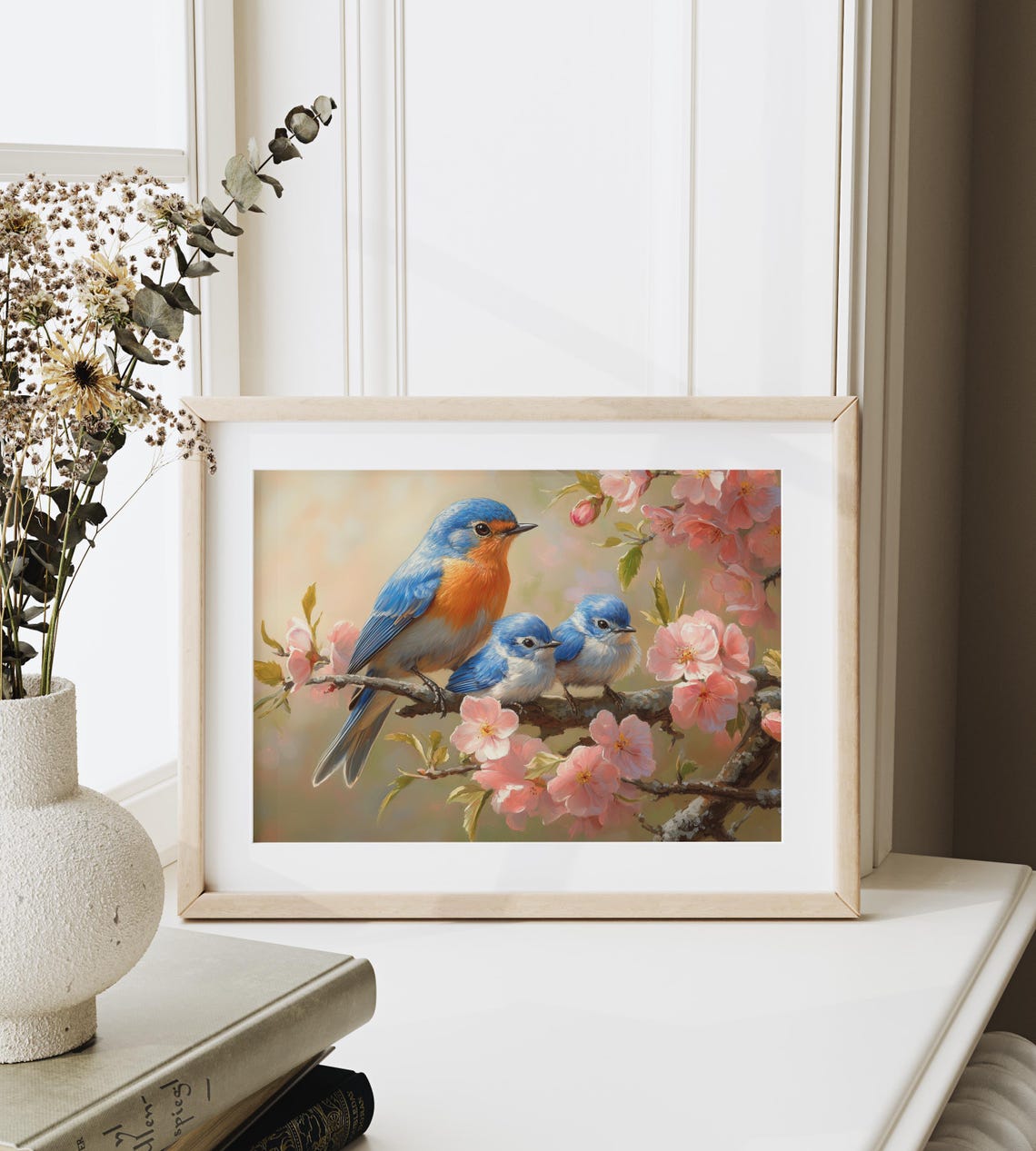 Bluebirds On Pink Cherry Blossoms Spring Romantic Bird Art Poster - Image 3