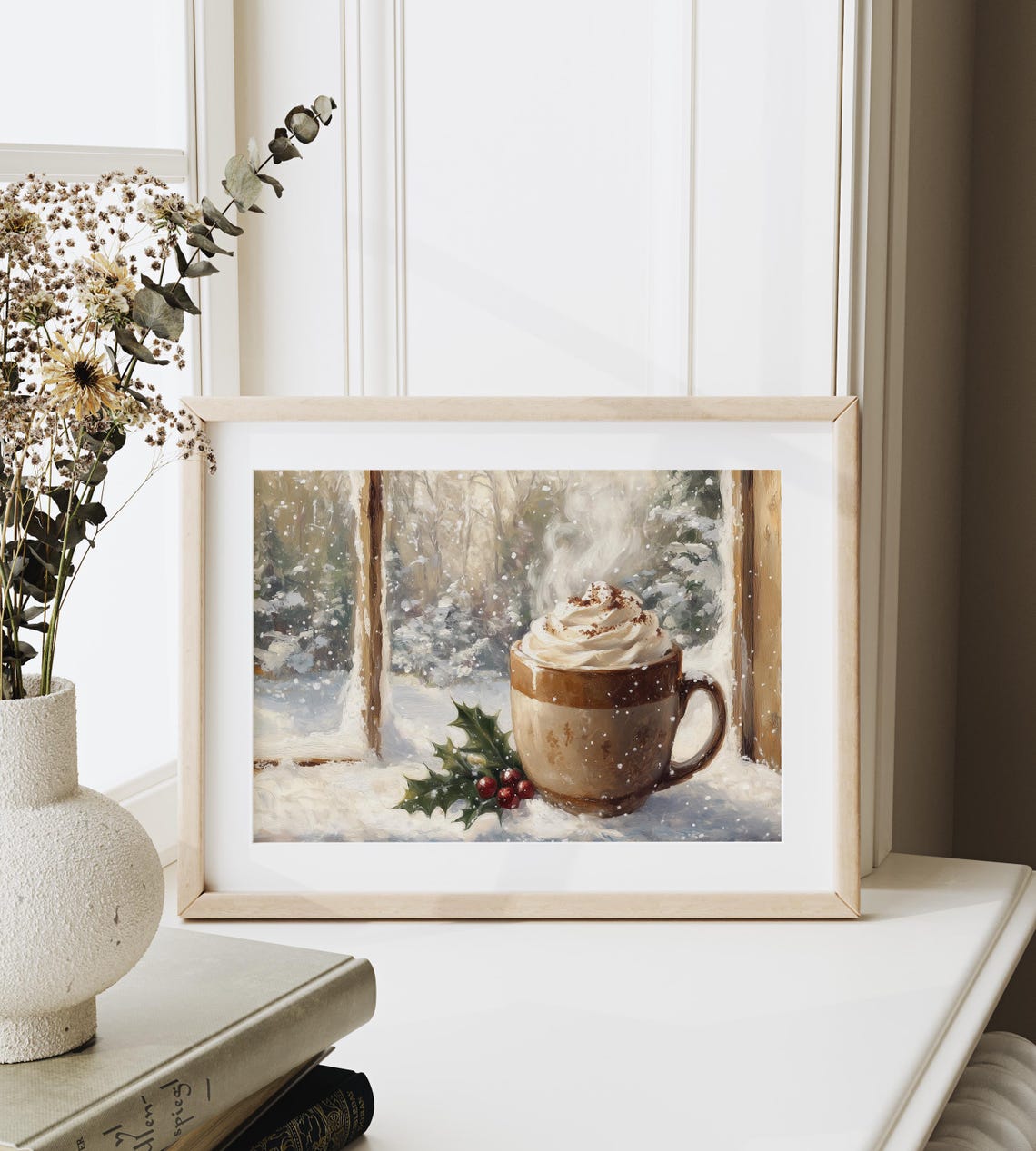 Steaming Cocoa Mug On Snowy Windowsill With Holly Art Poster - Image 3