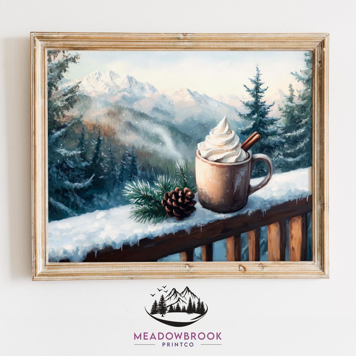 Hot Cocoa Mug On Snowy Balcony With Mountain View Art Poster