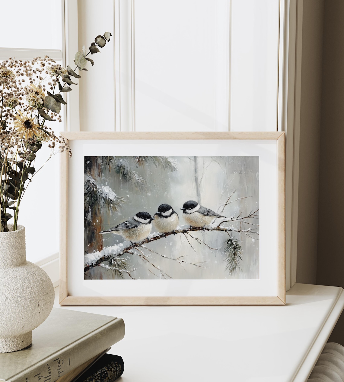 Chickadees on a Snowy Evergreen Branch Art Print - Image 3